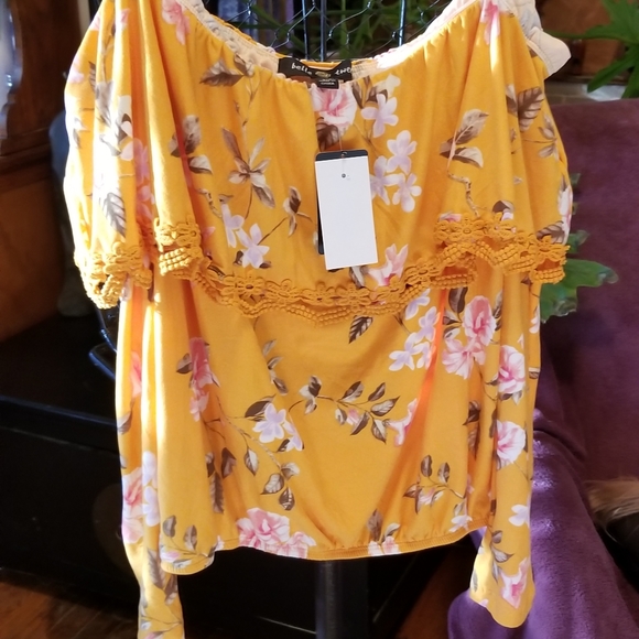 belle twead Tops - 🌞Yellow Floral Summer Blouse Off Shoulder